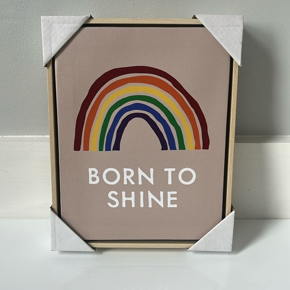 🌈 NEW 10" x 7" Born to Shine Rainbow Canvas Print - natural wood color frame - Picture 1 of 3